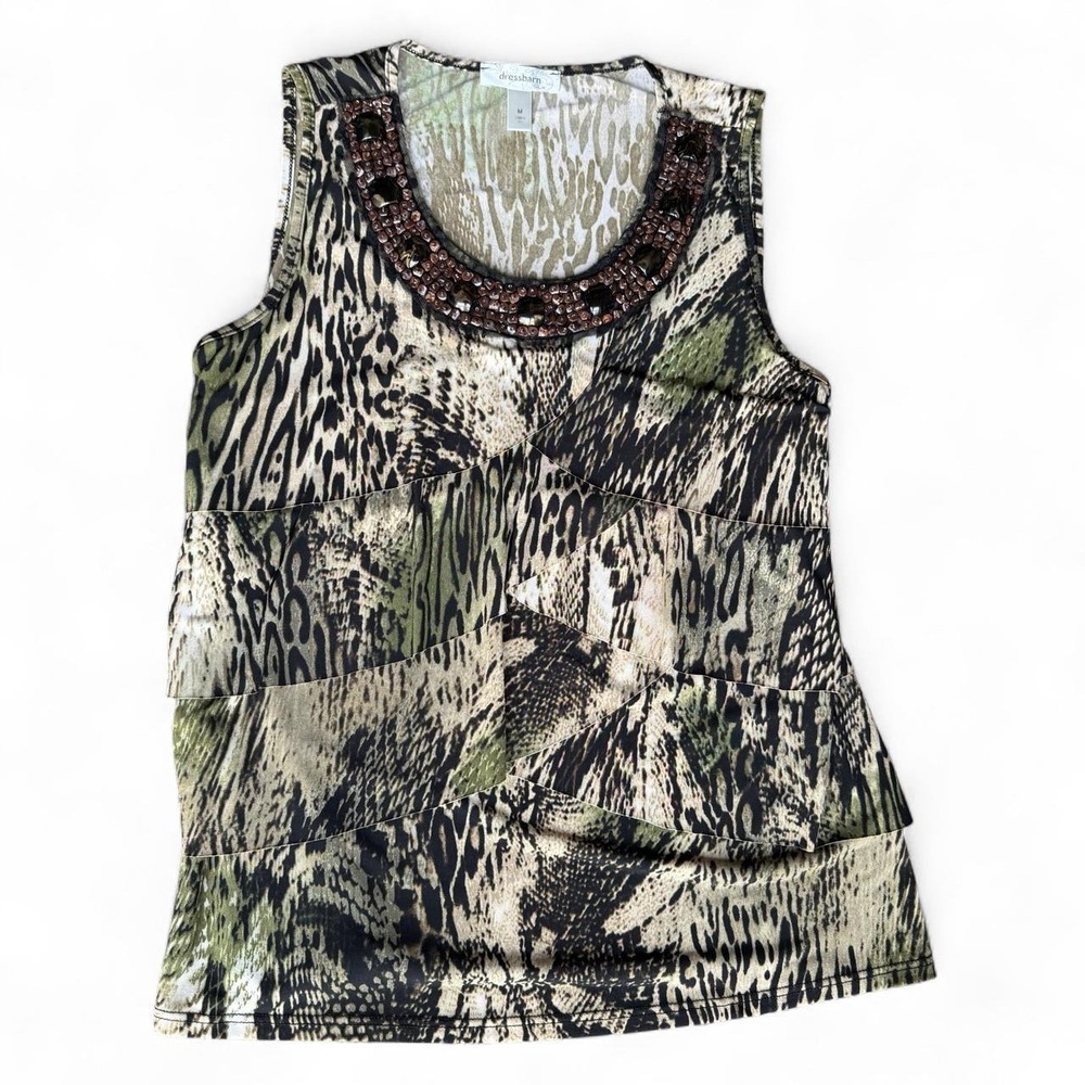 Dressbarn green & black snakeskin animal print top with beaded neckline